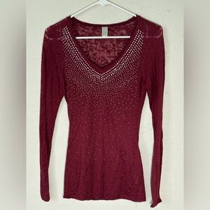 Burgundy Long Sleeve V-Neck Top with Studded Design size medium